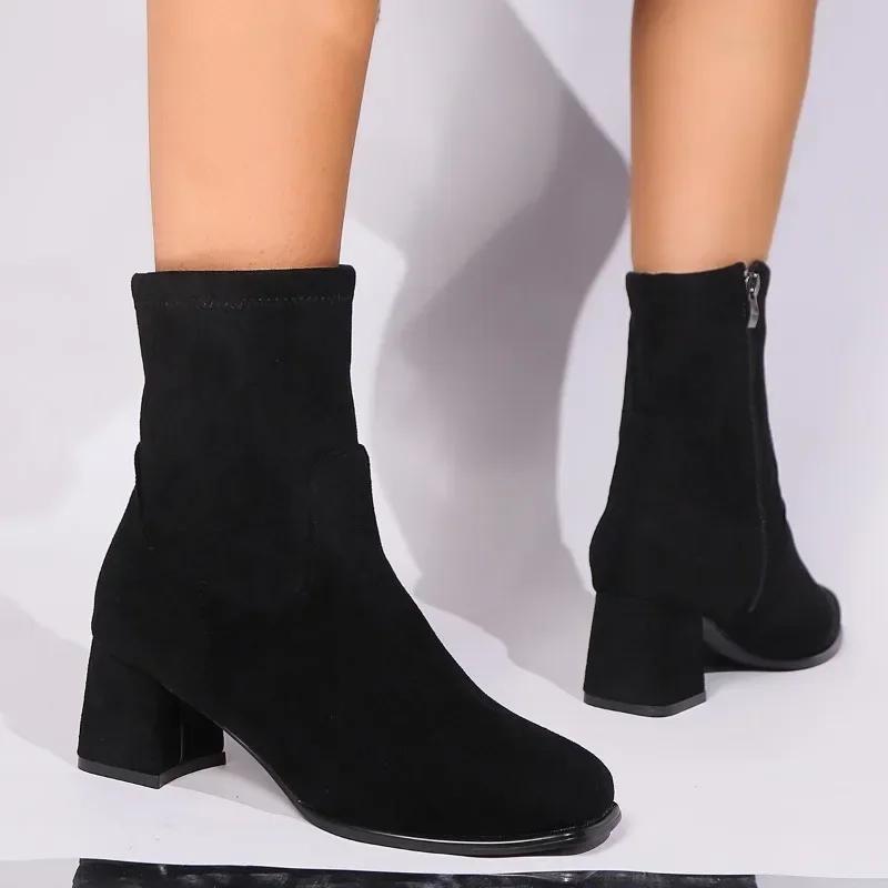 2024 New Fashion Women's Boots Versatile and Comfortable Solid Color Winter Zipper Decorated Thick Heel Women's Shoes Zapatos