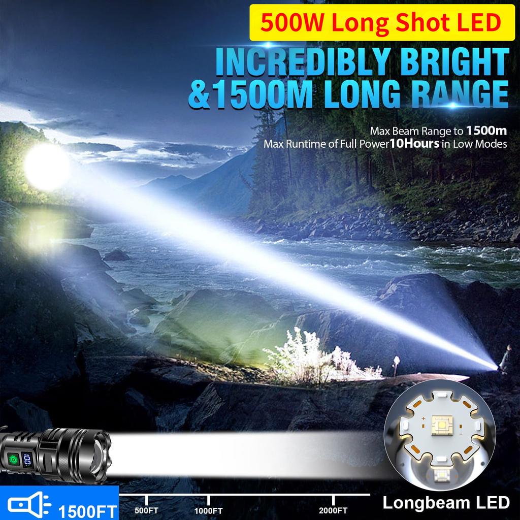 500W High Power LED Flashlight Type-C USB Rechargeable Zoom Torch Strong Light Lamp Outdoor Ultra Powerful Flash Light