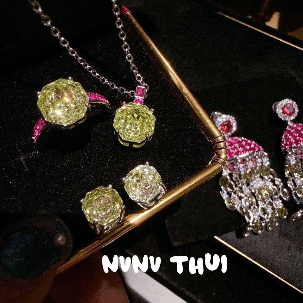 Jewelry Concubine Rose Pink Jellyfish Gemstone Fringed Earrings Banquet Haute Couture Olive Green Ice Flower Cut Zircon Necklace Set