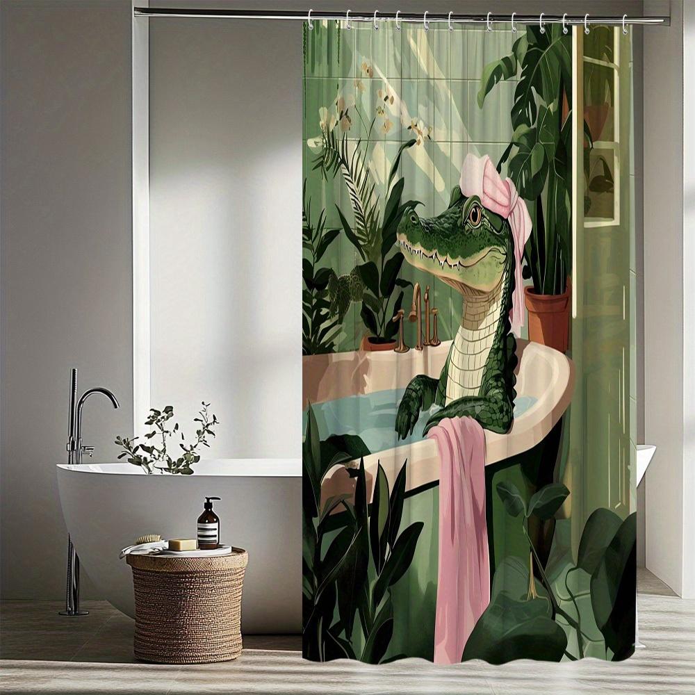 1pc Funny Alligator Pattern Shower Curtain Plant Theme Bathtub Partition Hanging Curtain Suitable for Bathroom Decoration Polyes