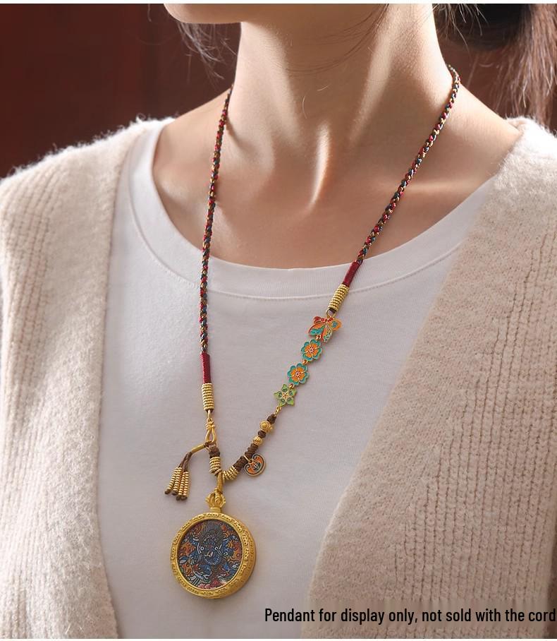 Tibetan Handmade Braided Thangka Pendant Amber Jade Tassel Necklace