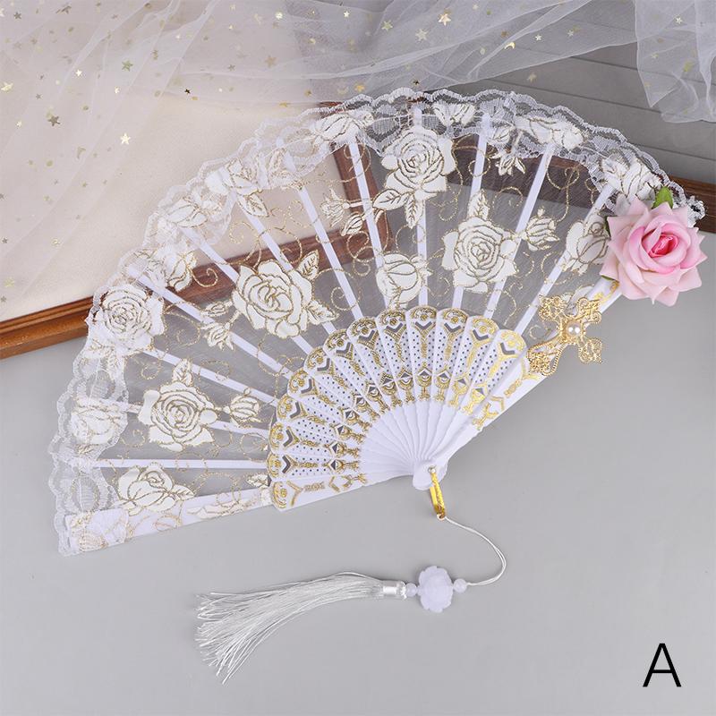 Rose Lace Hand Fan Cloth Folding Fans With Tassels Retro Dance Folding Hand Fan Wedding Party Decor Cos Photography Prop