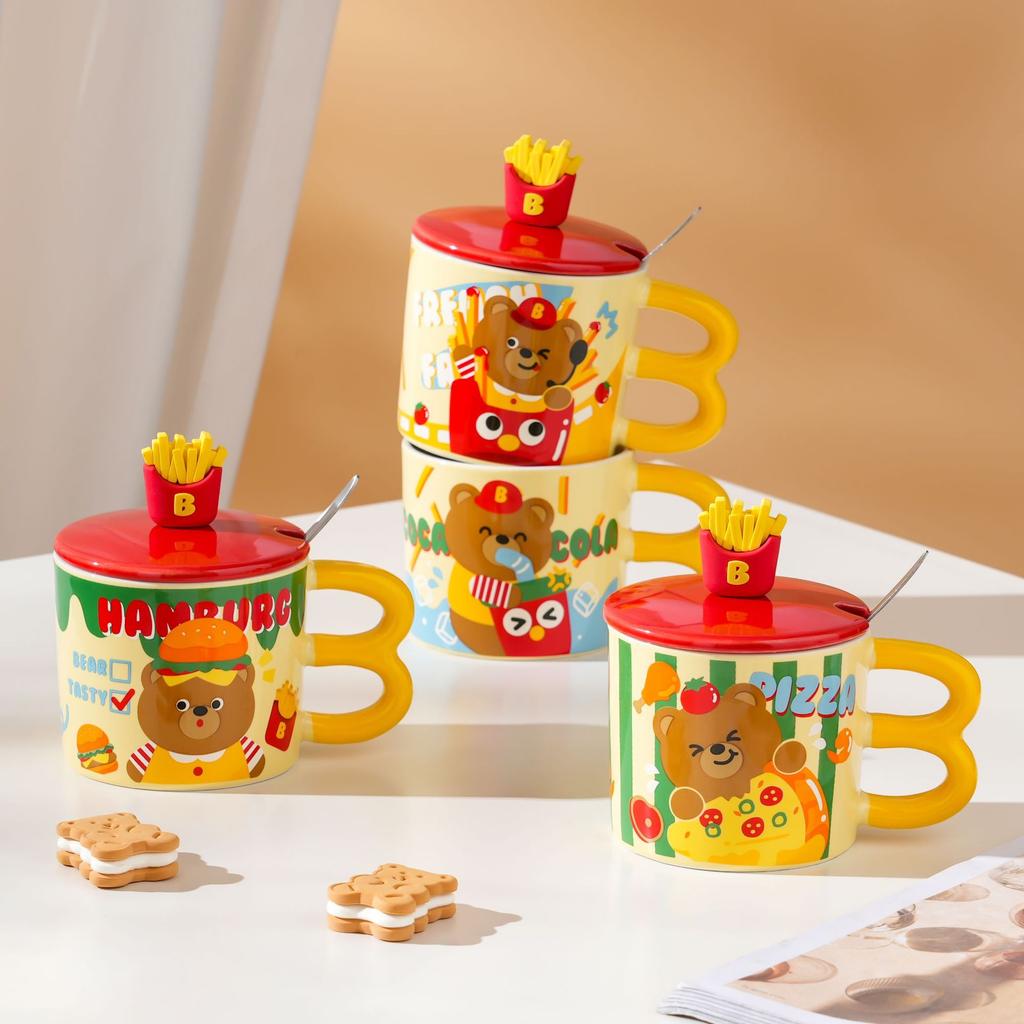 Personalisierte Keramiktasse mit Deckel und Löffel Kleine Pommes Kreative Keramiktasse Hoher Wert Große Kapazität Cartoon Bärenbecher