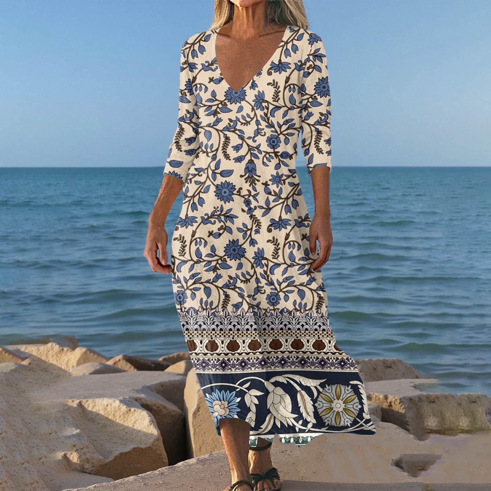 

Платья для женщин Винтажный принт Туника с завышенной талией Миди платье Летнее Повседневное платье с рукавом 3/4 S синий