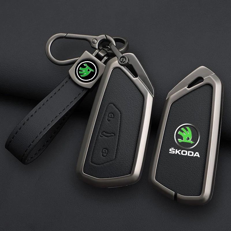 AFK1 Leather Car Remote Key Case Full Cover Protector Holder Shell Fob For Skoda Superb A7 Kodiaq Octavia A7 A8 Keychain Accessories