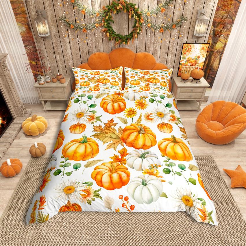 Homewish Rustic Flower Maples Duvet Cover SetAutumn Harvest Pumpkin Comforter Cover SetBrown Pine Cone Bed Set For Girls