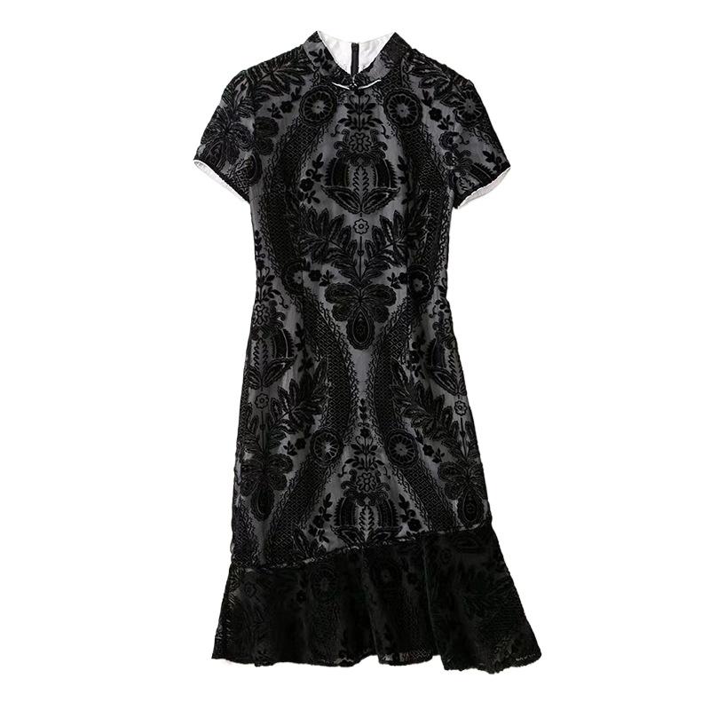 1meter BlackColor Brocade Burnout Velour Fabric Floral Printed Jacquard Fabrics for DIY Cheongsam Dress Clothing