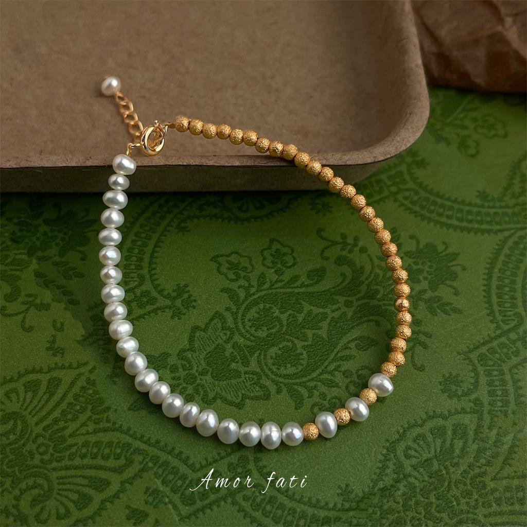18k Gold-Plated Luxury Frosted Freshwater Pearl Bracelet - Versatile Fashion Jewelry.