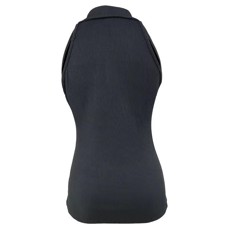 2024 Women's Fashion Casual Solid Color Ribbed Zip-Up Vest T-Shirt with Turn-Down Collar for Spring/Summer