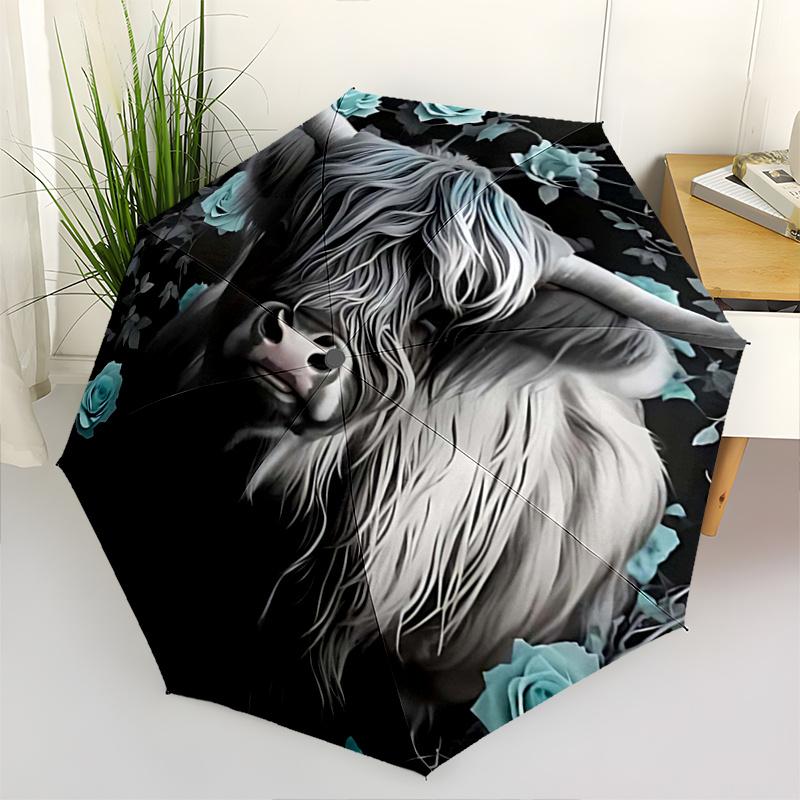 

1pc Blue Rose Highland Cow Automatic Open/ClosePractical Umbrella-CuteUmbrella with Cute Design, Portable 3-Fold Compact Umbrella for Men & Women, Val