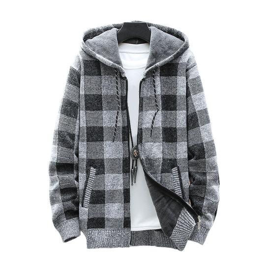 Zimowa męska bluza z kapturem Pluszowy dzianinowy płaszcz Długie rękawy Zapinana na zamek z kapturem Odzież wierzchnia Luźny krój Kraciasty wzór Gruba ciepła Podwójne kieszenie Sport Outdoor Praca Codzienna
