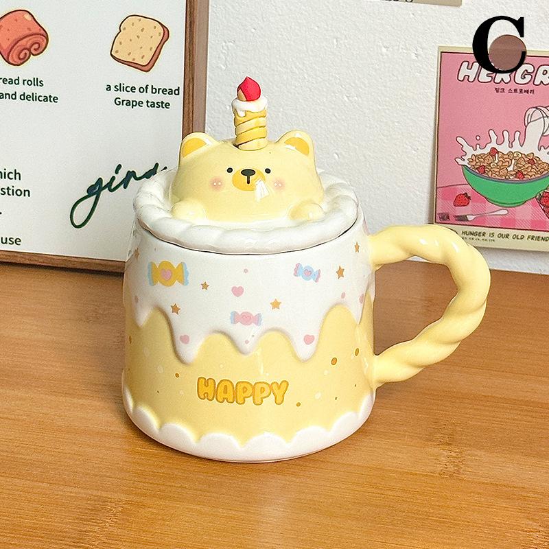 Cartoon Ceramic Mug With Lid Cake Milk Mugs Coffee Cups Tea Water Cup Birthday Christmas Gifts For Friends Drinkware