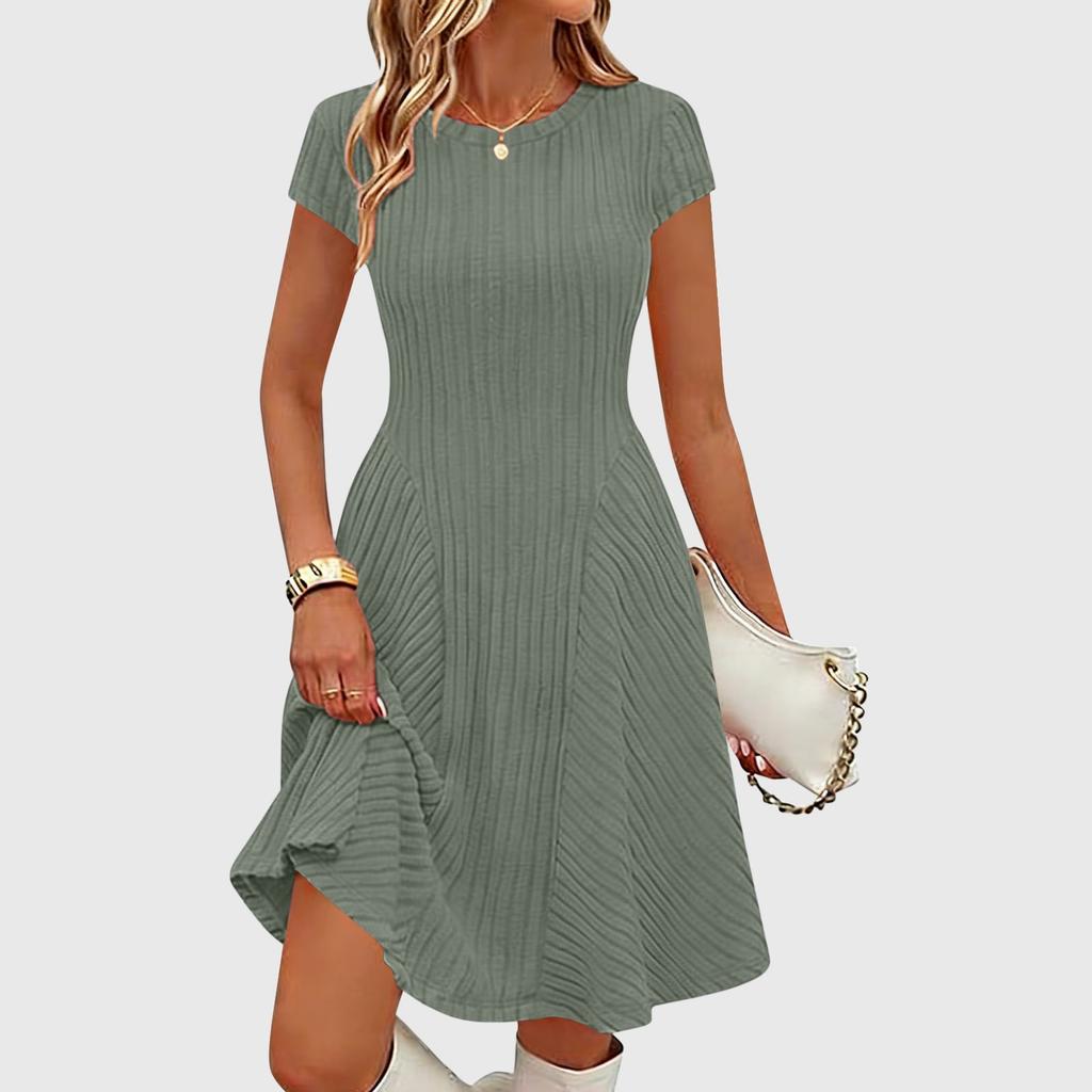 Women's Ribbed Knit Short Sleeve Round Neck Midi Dress Casual Swing Fit a Line Sundress