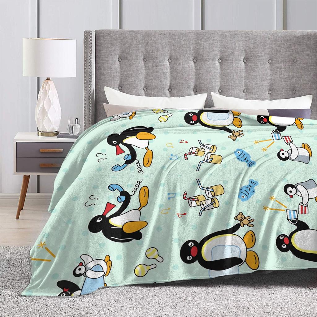 Cute Pingu Penguin Warm Blanket Decorative Plush Throw Blanket Funny Outdoor Flannel Bedspread Sofa Bed Cover