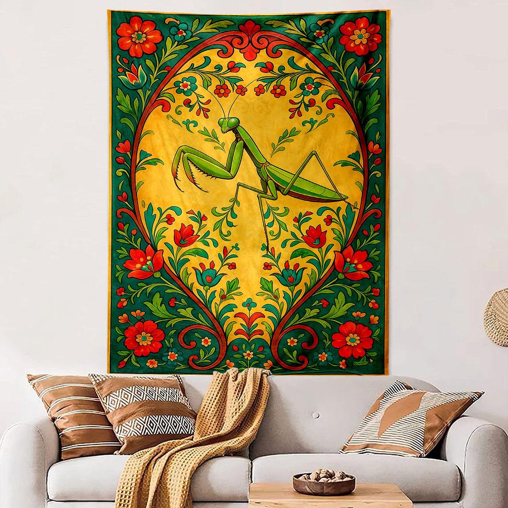 "Praying Mantis with Floral Pattern Art" Patterned tapestry home decor, suitable for bedroom and living room, gift