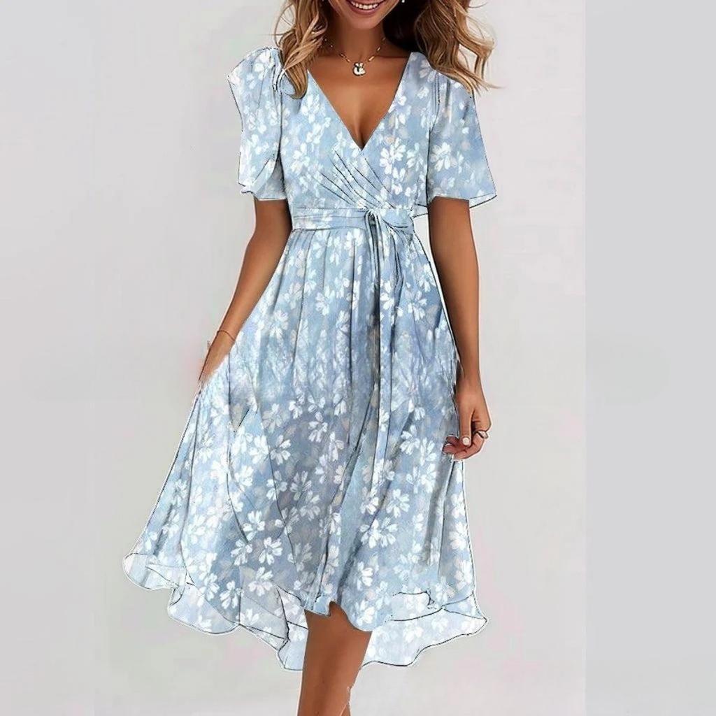 Rochie Maxi A-Line de Damă cu Gât Rotund, Mânecă Scurtă, Imprimeu 3D și Finisaj Spălat cu Nisip