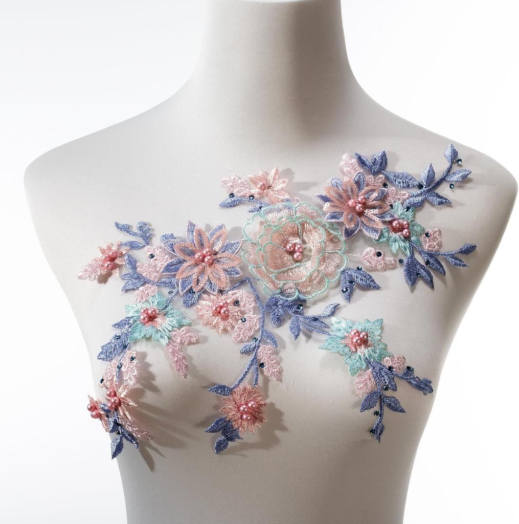 1Pcs Pink Purple Green Beaded Sequin Flower EmbroiderySewing Craft Lace Neckline Applique Trim Patch Repair Dress Bridal Gown Decor