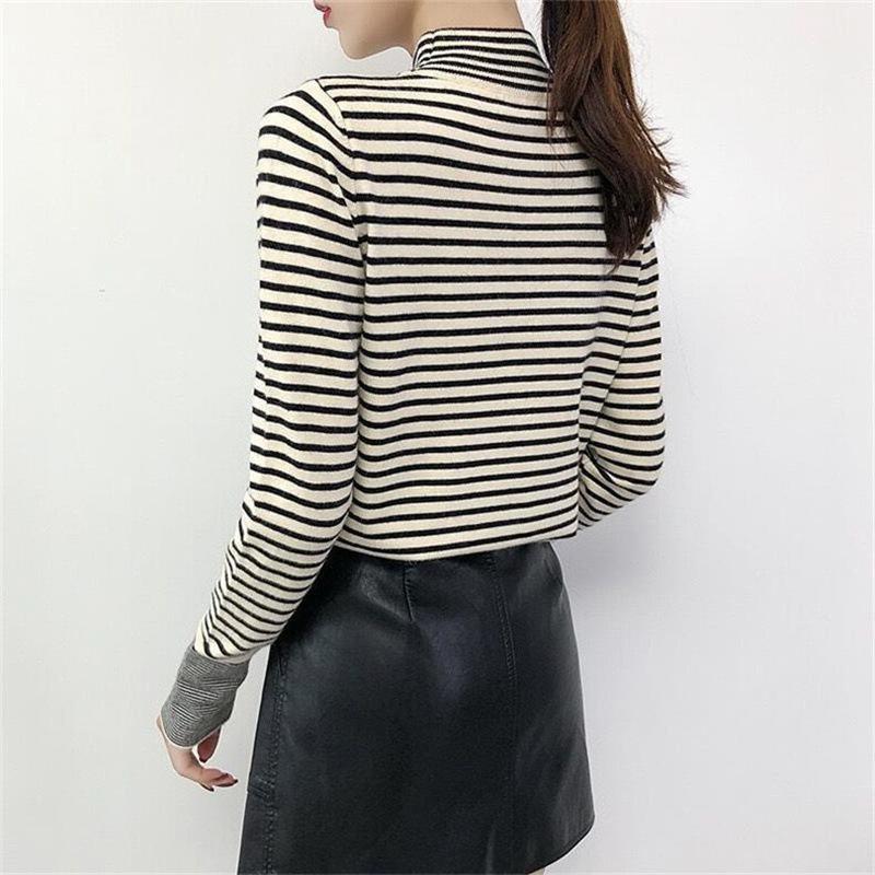 Autumn Winter New Half High Collar Striped Knitted Bottom Shirt Women's Loose Inner Pullover Sweater Top