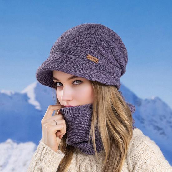 2Pcs/Set Women Winter Hat Scarf Set Solid Color Elastic Thickened Ear Protection Knitting Hat