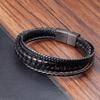Men's Black Leather Bracelet Stainless Steel Double Layer Braided Wristband Fashion Handmade Cowhide Rope Jewelry Accessories