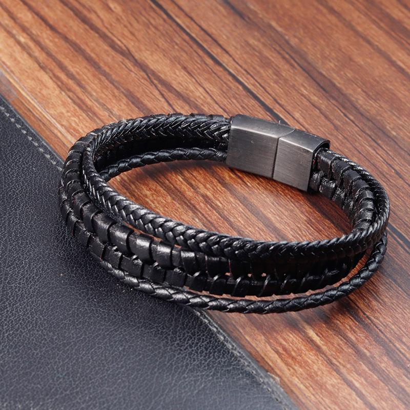 Men's Black Leather Bracelet Stainless Steel Double Layer Braided Wristband Fashion Handmade Cowhide Rope Jewelry Accessories