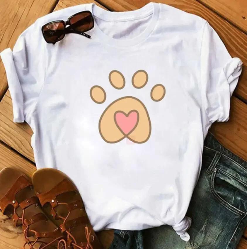 Women's Large Size Short Sleeve Crewneck T-Shirt Cartoon Hand-Painted Dog Paw Print Warm Polyester Fabric Summer Fashion