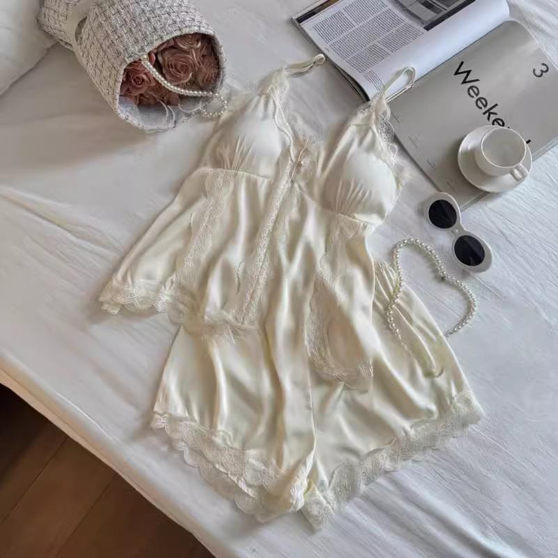 2025 Sommer Damen Eisseide Spitze Camisole Pyjama Set mit Brustpolster