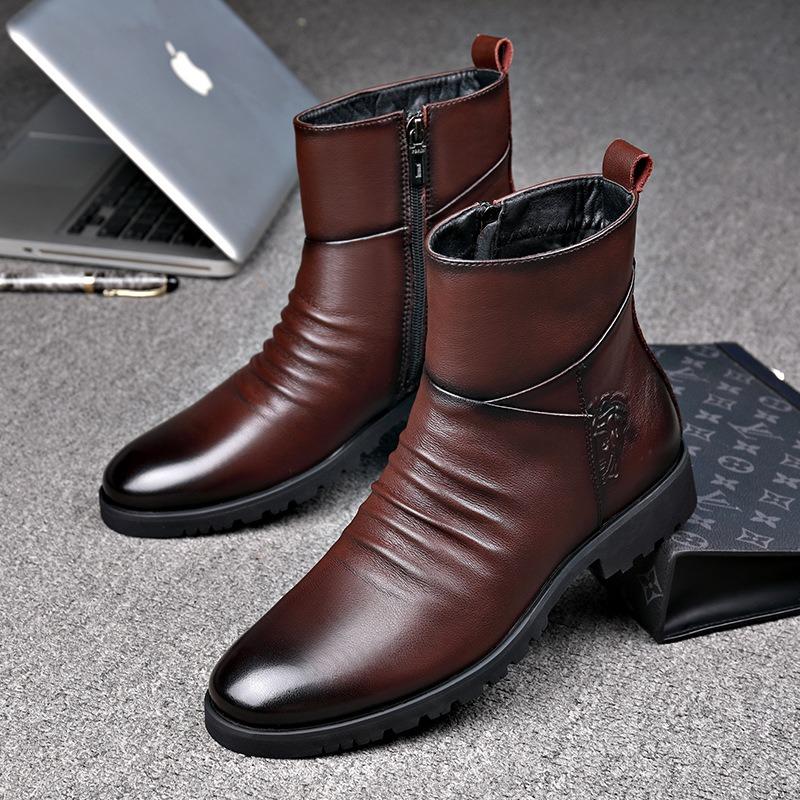 Genuine Leather Men Boots High Quality Cowhide Leather Boots Fashion High Top Motorcycle Boot Men's Business Casual Dress Boots