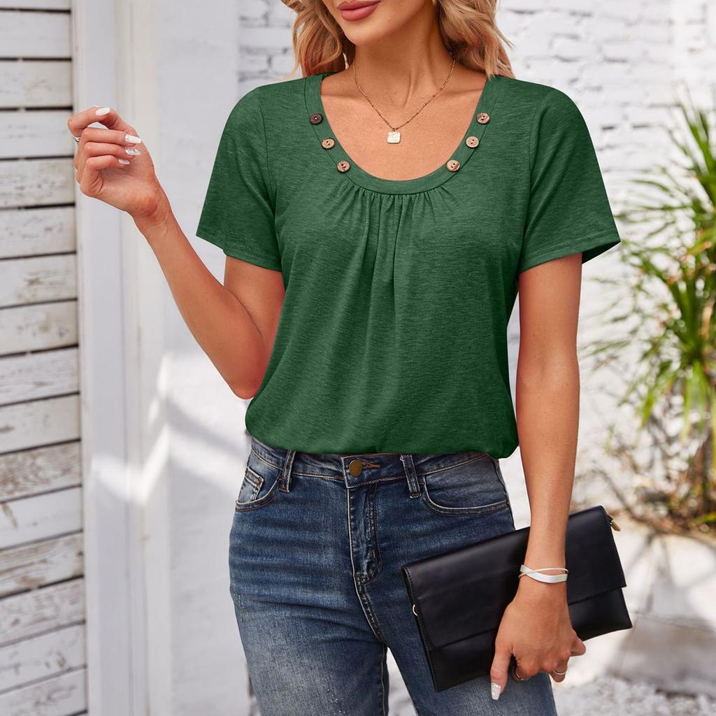Women's Fashion Loose Color Button Square Neck Pleated T-shirt Short Sleeve Top