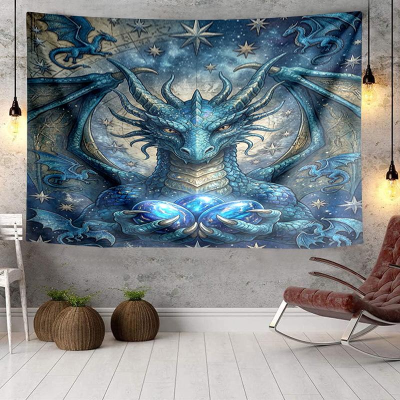 Blue Dragon Holding Stars Tapestry Room Decoration Wall Hanging for Living Room Bedroom, Dormitory, Birthday and Christmas Gifts