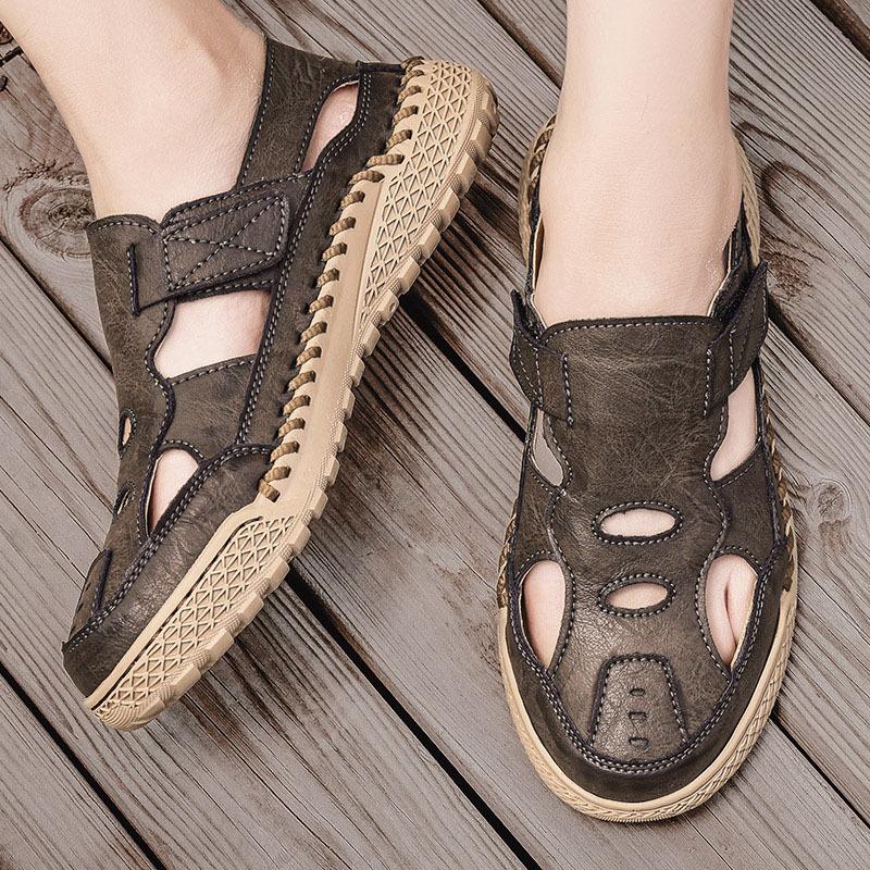 Large Size Sandals Men's Summer Outdoor Leisure Hand-stitched Shoes Driving Light Breathable Mesh Beach Shoes