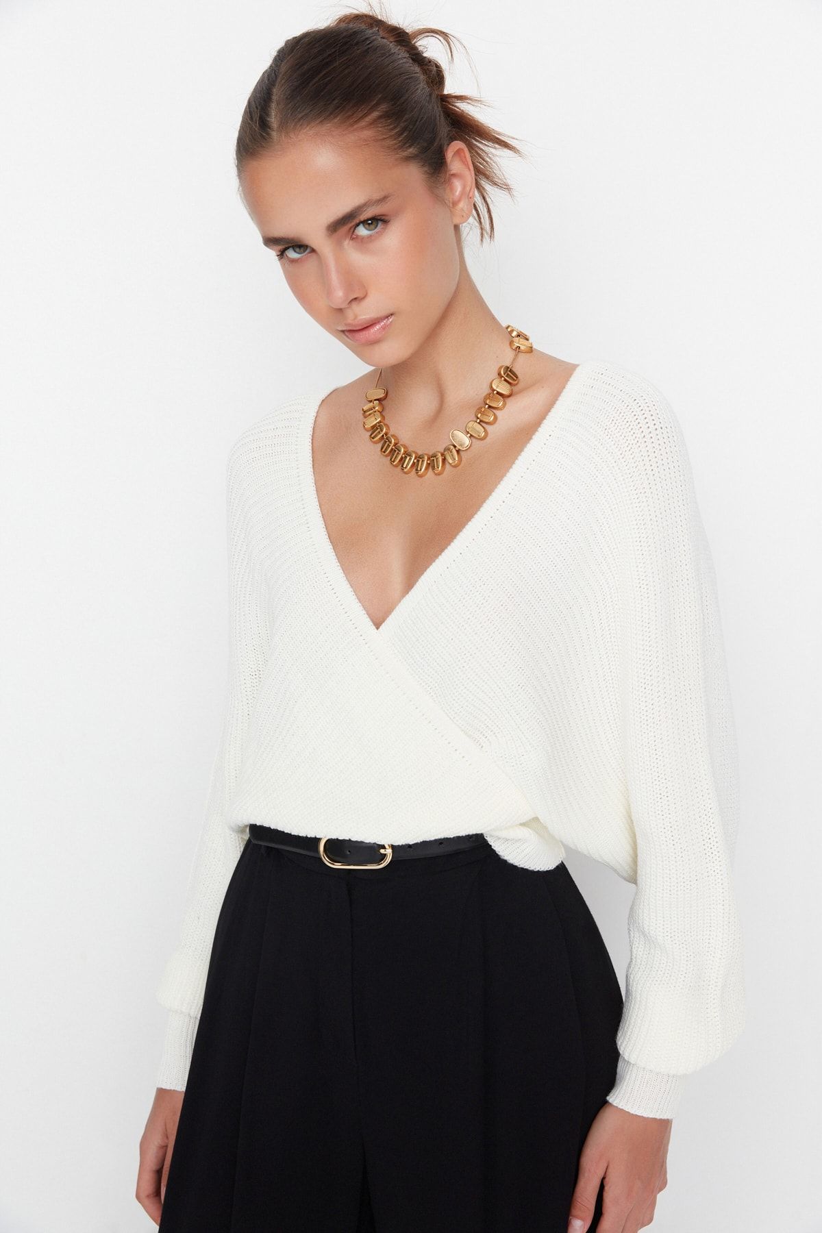 

Women s Elegance Style Sweater Ecru Double Breasted Knitwear Sweater L