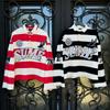 Mens Y2K Striped Polo Shirt Long Sleeve Embroidered Rhinestone Casual Streetwear