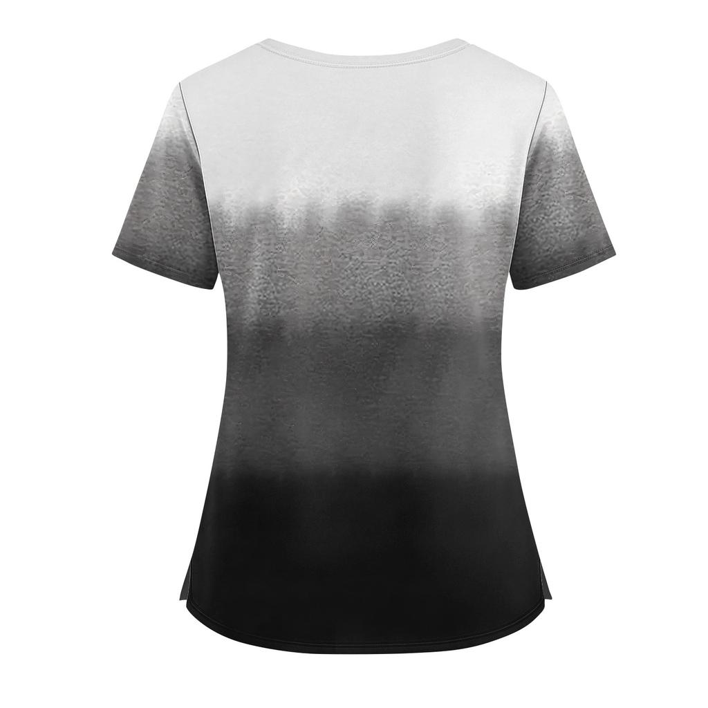 Women's Fashionable Printed V Neck Double Pocket Short Sleeved Shirt With Slit Hem Uniform And Worker Top