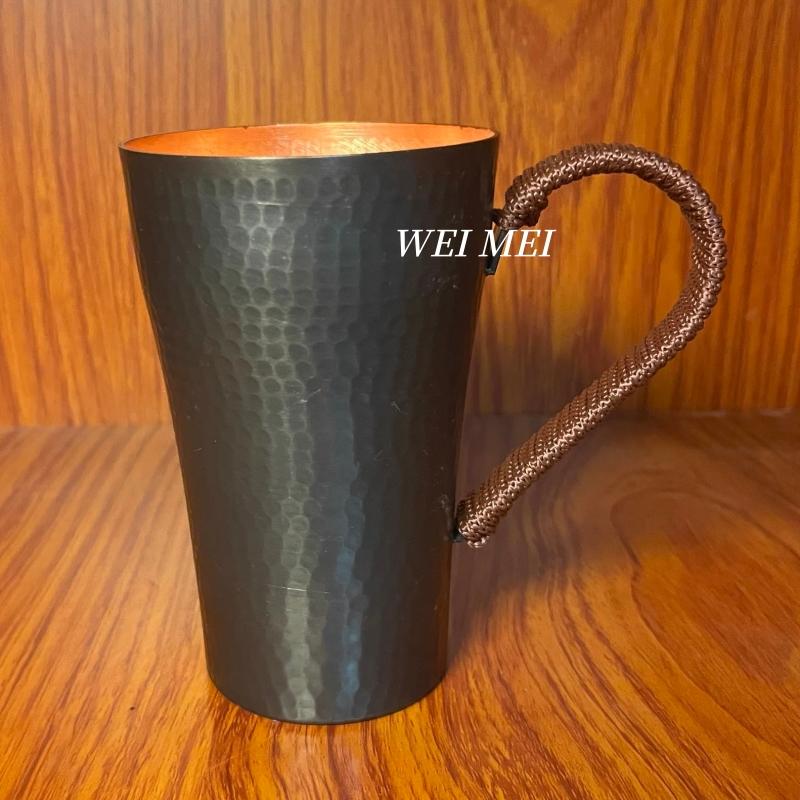 Pure Copper Coffee Mug, 400 ml Camping Breakfast Cup,Vintage Handcrafted Woven Handle Hammer Texture Home Tea Cup Drinkware
