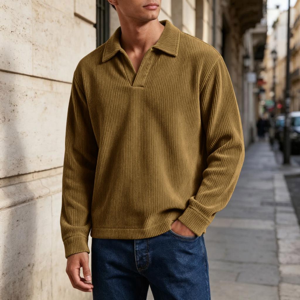 Men's Retro Corduroy Long Sleeve Shirt with Lapel Collar for Casual Everyday Wear