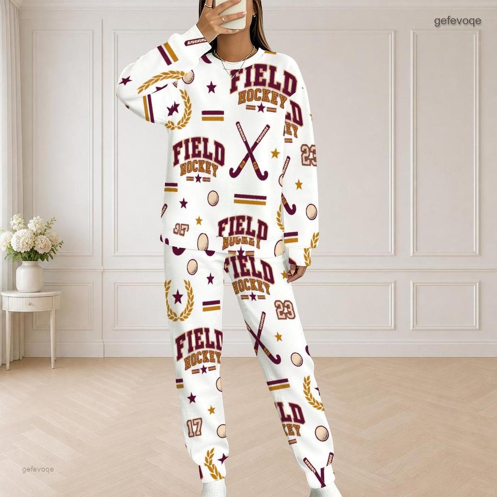 Women Plus Size Bicycle Printed Round Neck Long Sleeve Top And Long Pants Two Piece Set