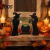 Festive Dark Style Seasonal Decor 3Pcs Halloween Witch Cauldron Lantern Potion Bottle Table Decorations, Rustic Wooden Tiered Tray Decorations