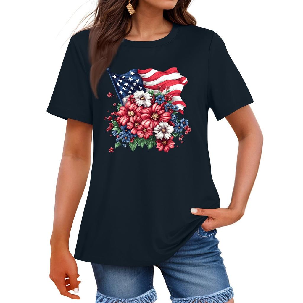 Women's Fashion Independence Day Printed Round Neck Short Sleeved Casual T-shirt Top