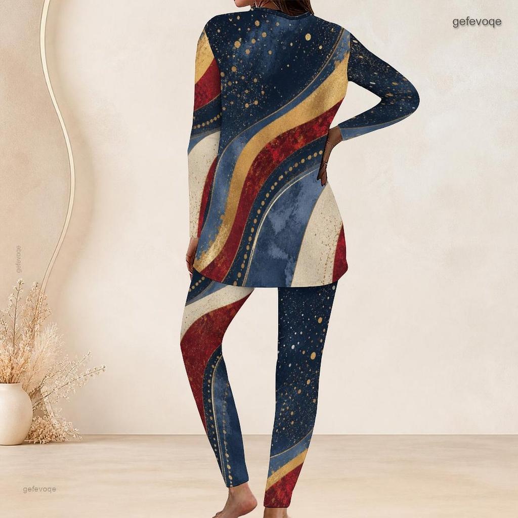Women Plus Size Printed Two Piece Set Round Neck Long Sleeve Longline Top Fitted Pants