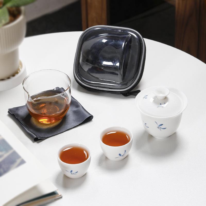 Suet Jade Porcelain Outdoor Portable Travel Tea Set Ceramic Cover Bowl Express Cup Light Luxury High-end One Pot Two Cups