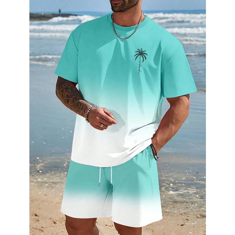 Herren Kurzarm Set Farbverlauf Print T-Shirts Shorts mit Kordelzug Urlaubsstrand Kurzarm Oberteil Shorts Zweiteiliges Set