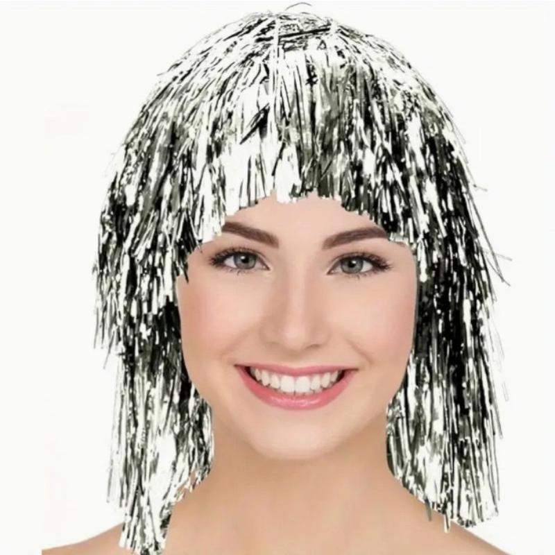 Glittrig Tinselperuk Metallisk Maskeraddräkt Discohatt Folie Tinselperuker För Vuxna Utklädningsfest För Fotorekvisita Cosplay-tillbehör