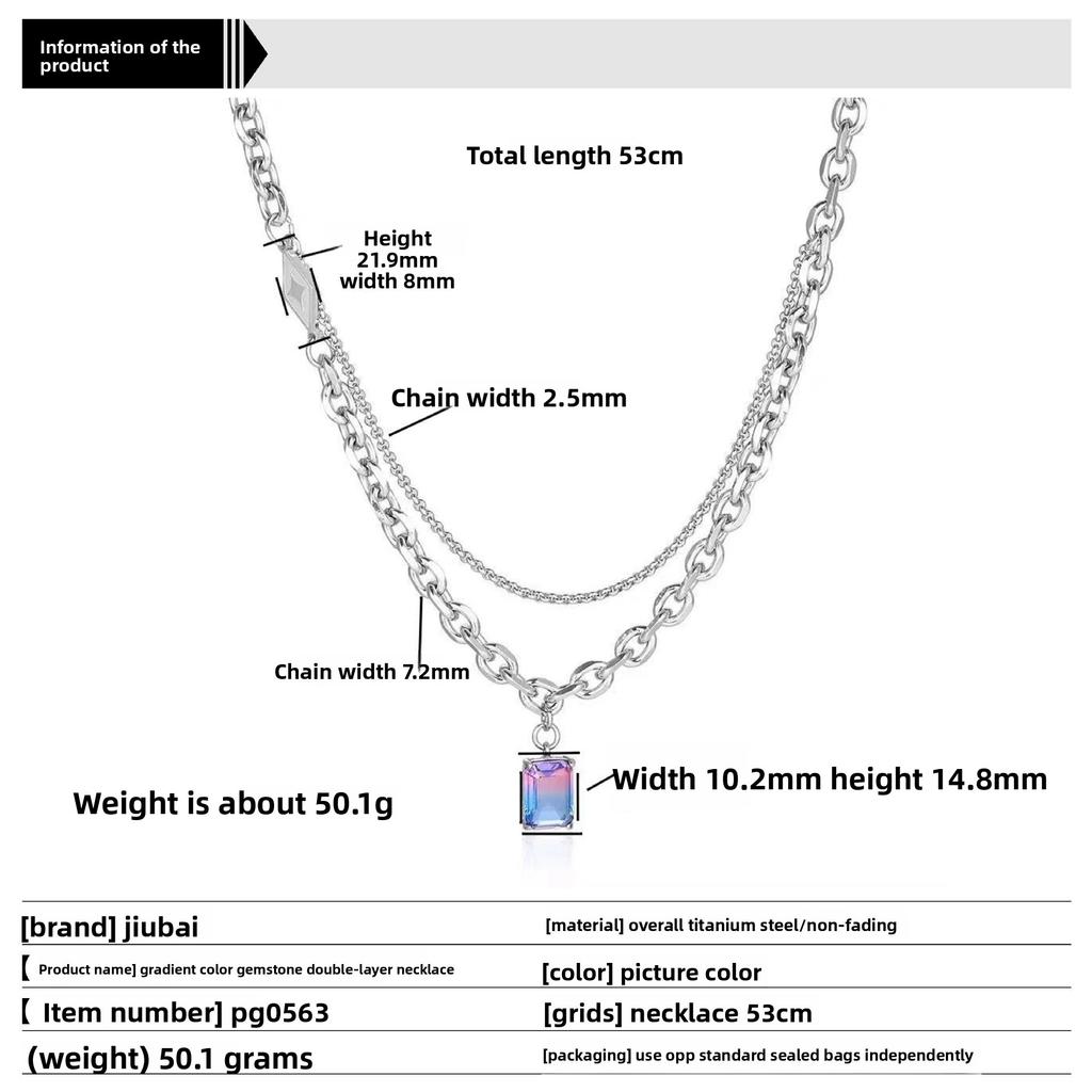 Europäische und amerikanische Farbverlauf Edelstein Doppellagige Titanstahl Halskette Nicht Verblassend Unisex Nische High-End Schlüsselbeinkette Accessoire Halskette für