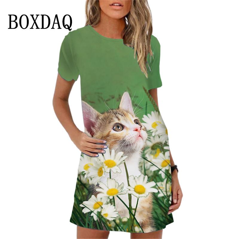 New Women Summer Beach Sundress Elegant Sweet Cute Cartoon Cat Print A-Line Dress Loose Casual Short Sleeve O-Neck Mini Dress