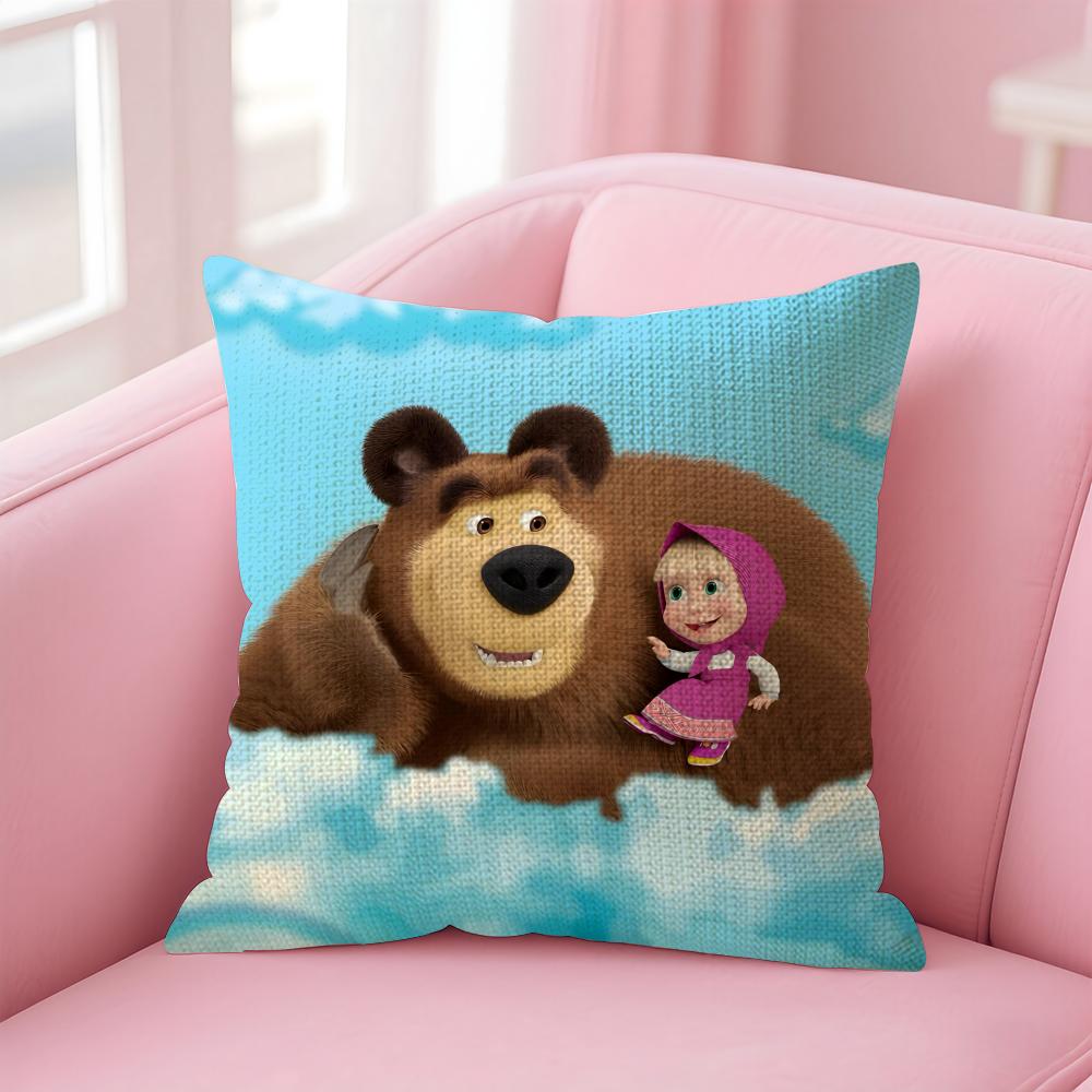 MMasha And The BearR Cushion Cover Natural Linen Pillow Case DoubleSided Print Decorative Sofa Pillowcase Home Decor Gift