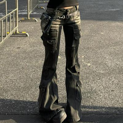 Black Low Waist Cargo Jeans 2000s Distressed Whiskers Multi-pocket Stretch Bootcut Pants Women Retro Grunge Streetwear