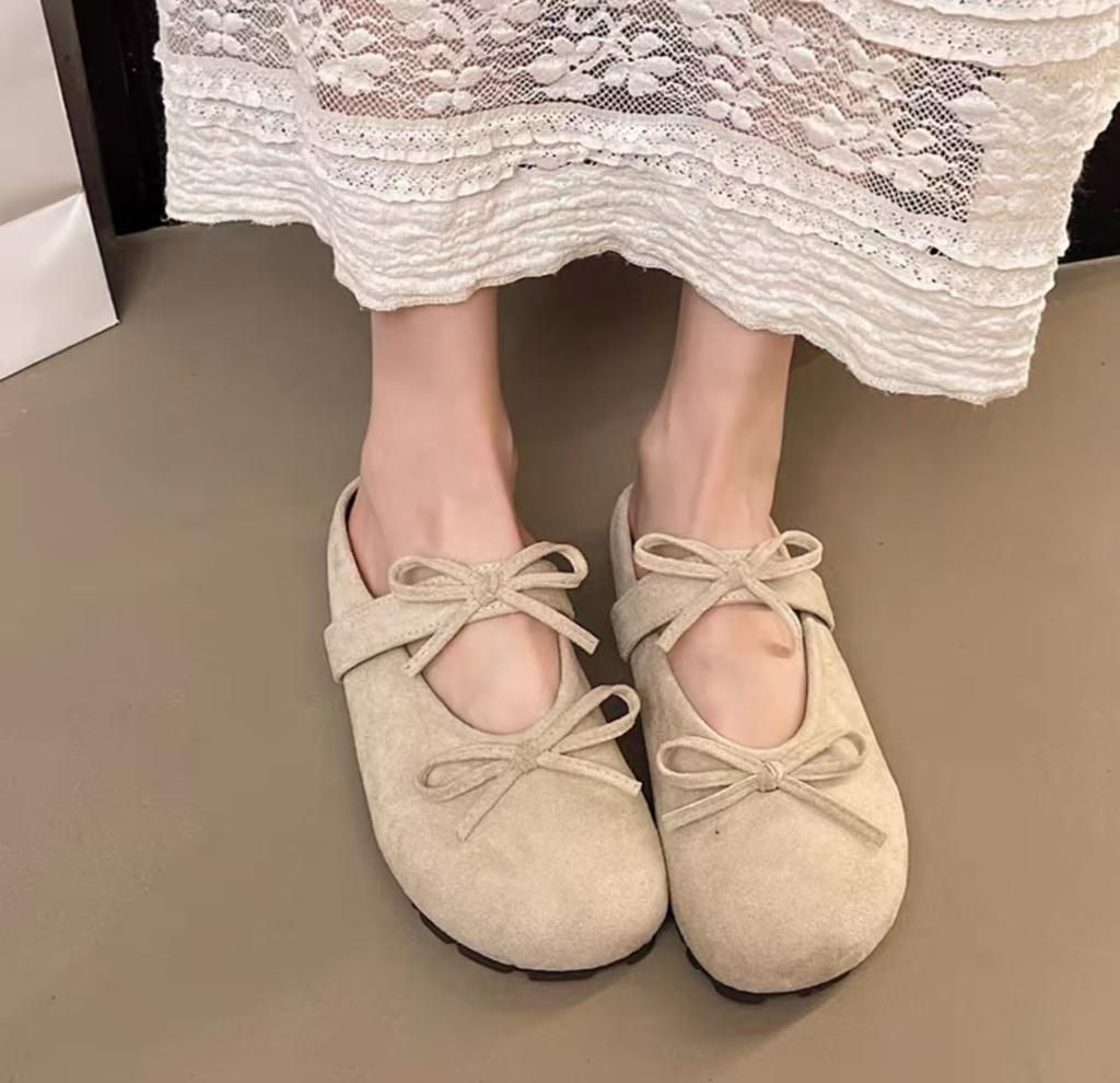 Double Bow Bag Head Slippers Women's 2025 Autumn New Fashion Casual Suede Flat Bottom Solid Color Half Drag Women