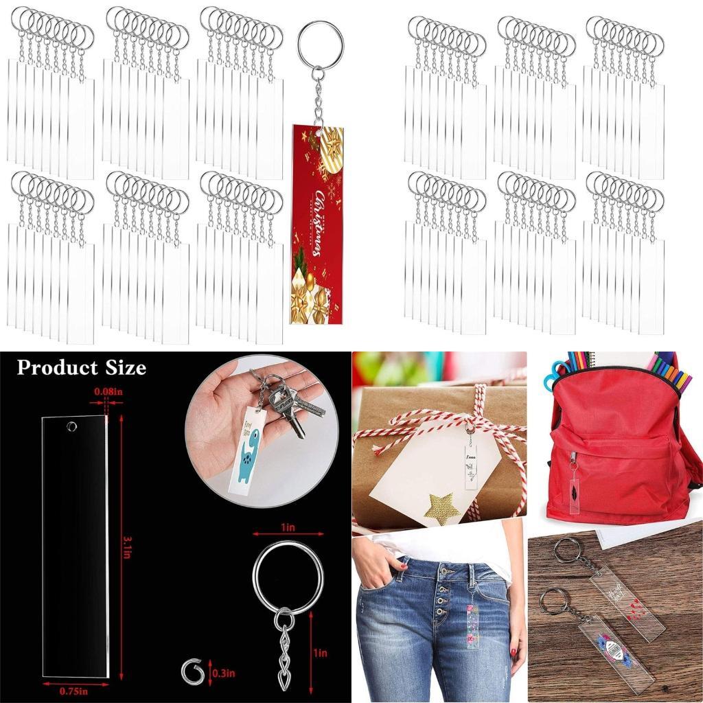 24/48 Pieces/Set Clear Acrylic Keychain Blanks DIY Craft Accessories Rectangle Acrylic Blanks Set with Chain Jump Rings X3UC