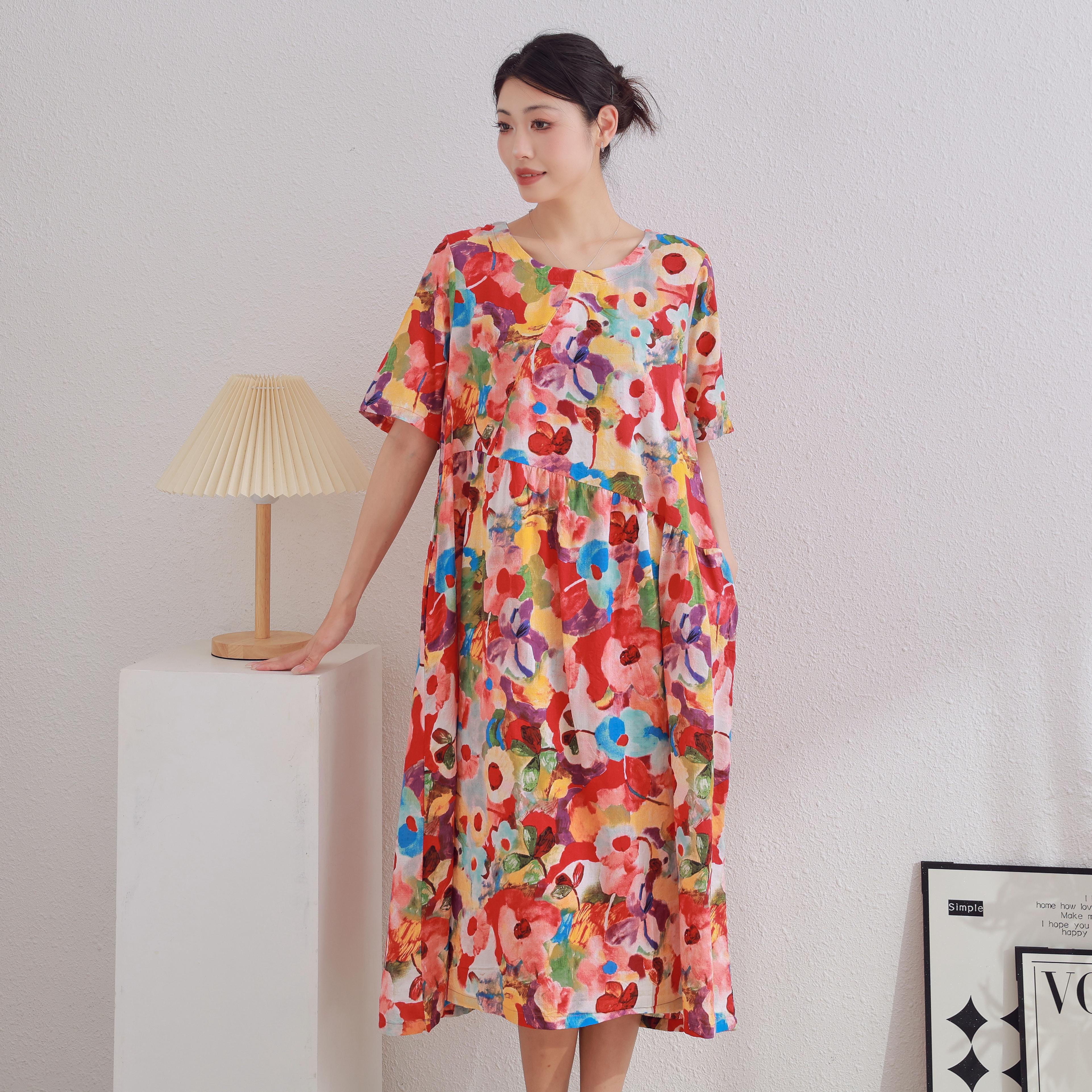 

DIMANAF 2025 Женское летнее платье Повседневное платье с цветочным принтом Базовое винтажное свободное длинное платье One Size красный